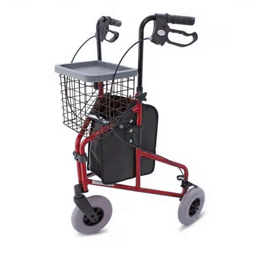 Lightweight Aluminium Foldable Tri Walker with Bag, Basket and TrayIce Fire Red