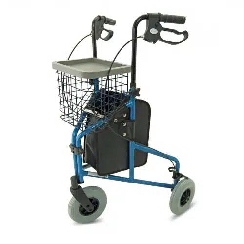 Lightweight Aluminium Foldable Tri Walker with Bag, Basket and Tray Ice Blue